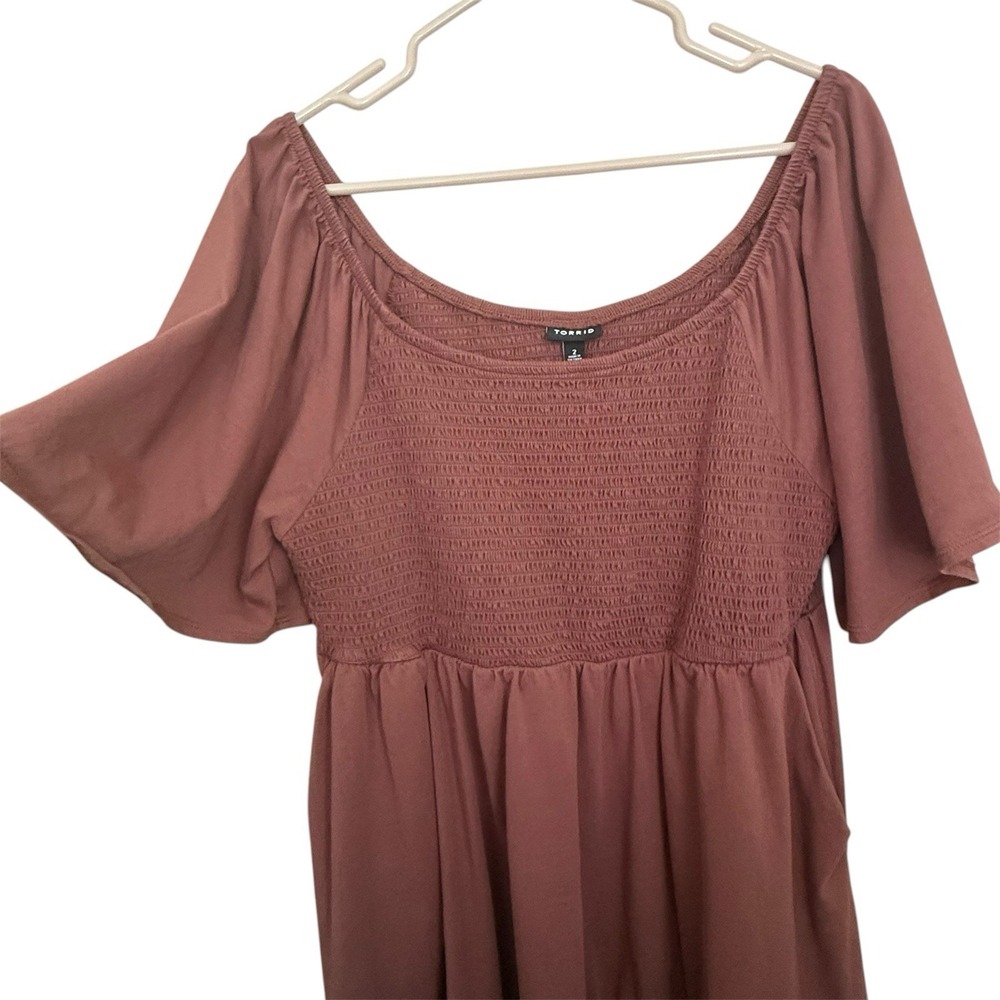 Torrid Brown Smocked Mini Dress Plus Size 2X Tiered Flutter Slv Cottagecore Boho - Picture 3 of 10